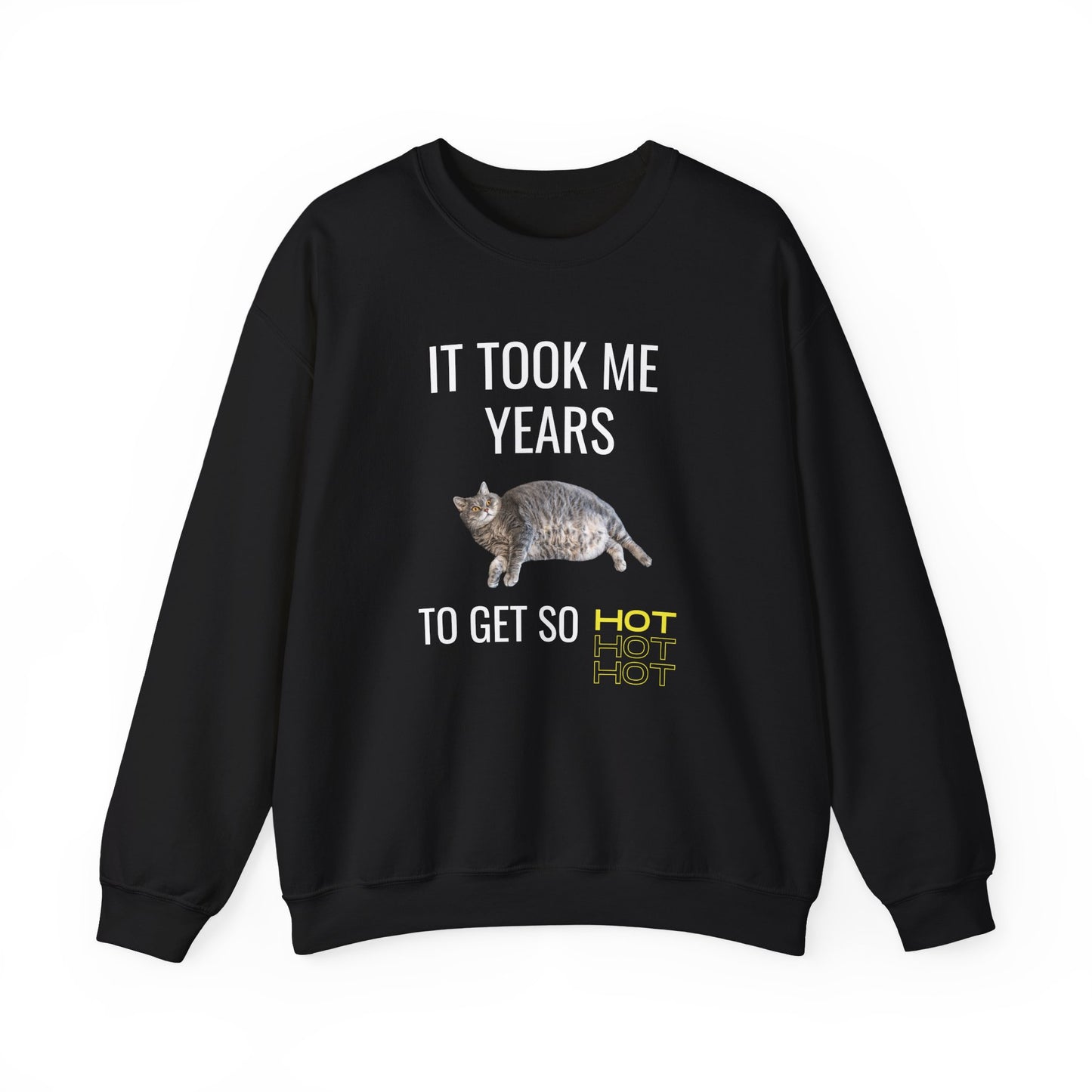 Unisex sweatshirt featuring a funny chubby cat and the quote "It Took Me Years to Get This Hot" – cozy and soft with durable DTG print