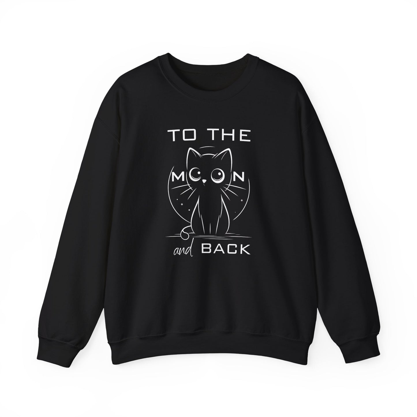 Unisex sweatshirt featuring a cute wide-eyed cat and the quote "To the Moon and Back" – cozy 50/50 cotton blend with vibrant DTG print
