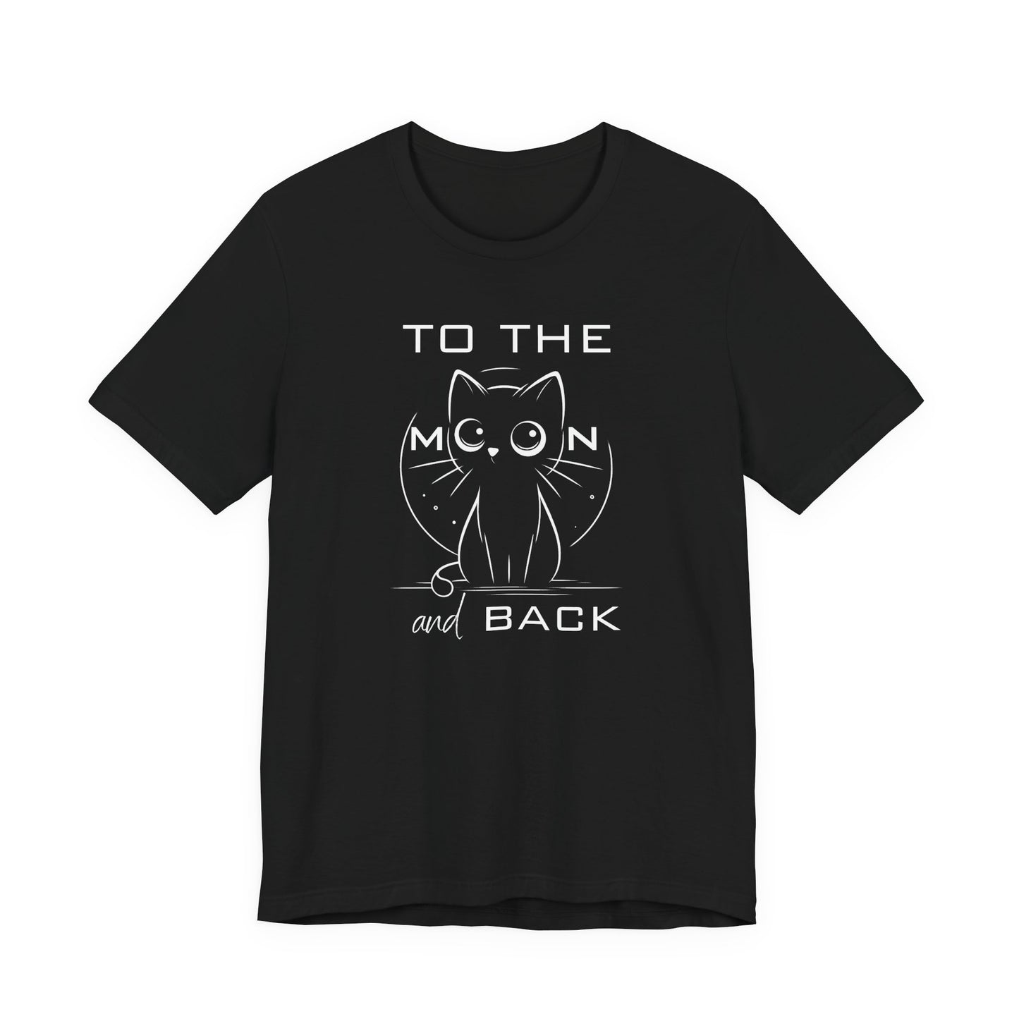 Cute cat t-shirt with big-eyed illustration and the phrase “To the Moon and Back” – soft unisex cotton tee for expressing love with style