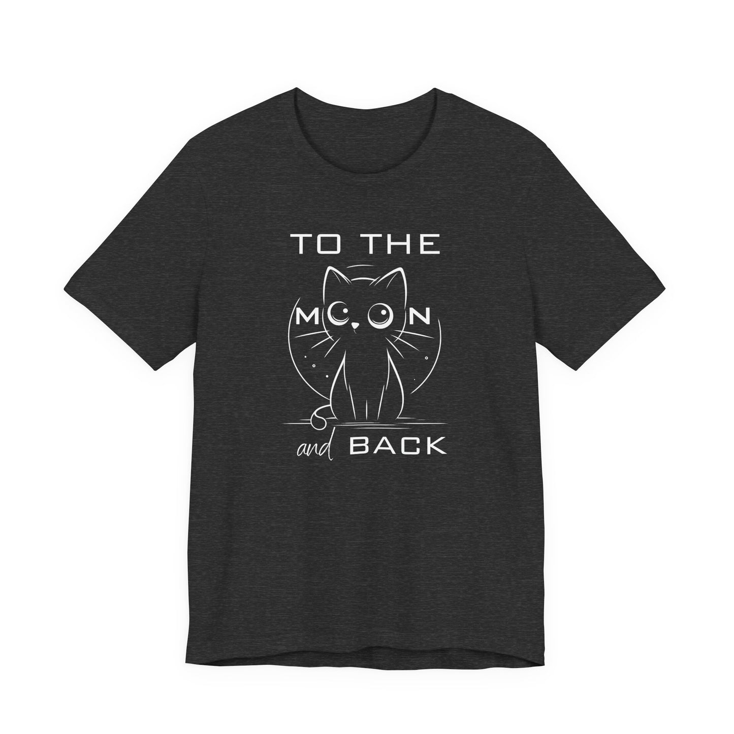 Cute cat t-shirt with big-eyed illustration and the phrase “To the Moon and Back” – soft unisex cotton tee for expressing love with style