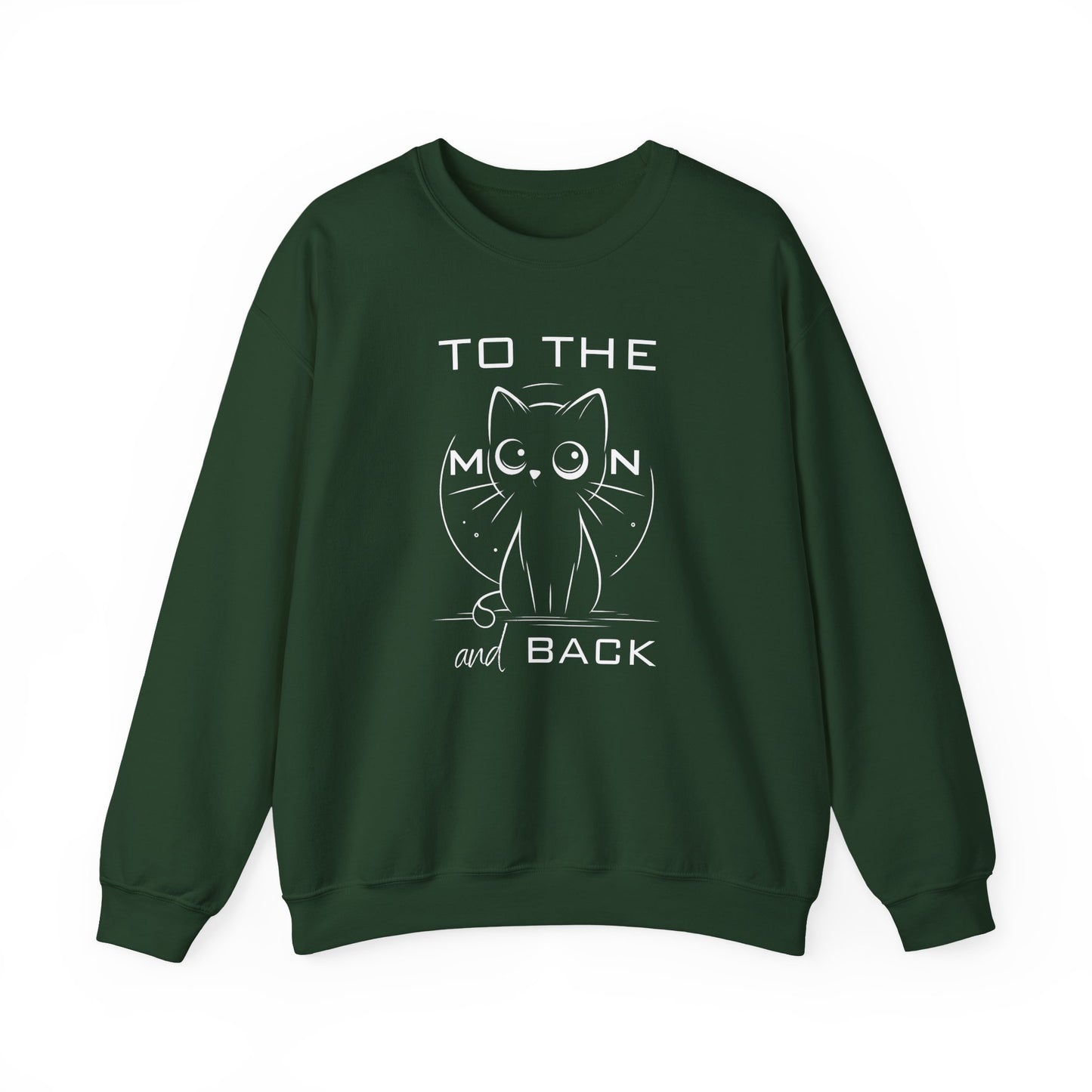Unisex sweatshirt featuring a cute wide-eyed cat and the quote "To the Moon and Back" – cozy 50/50 cotton blend with vibrant DTG print