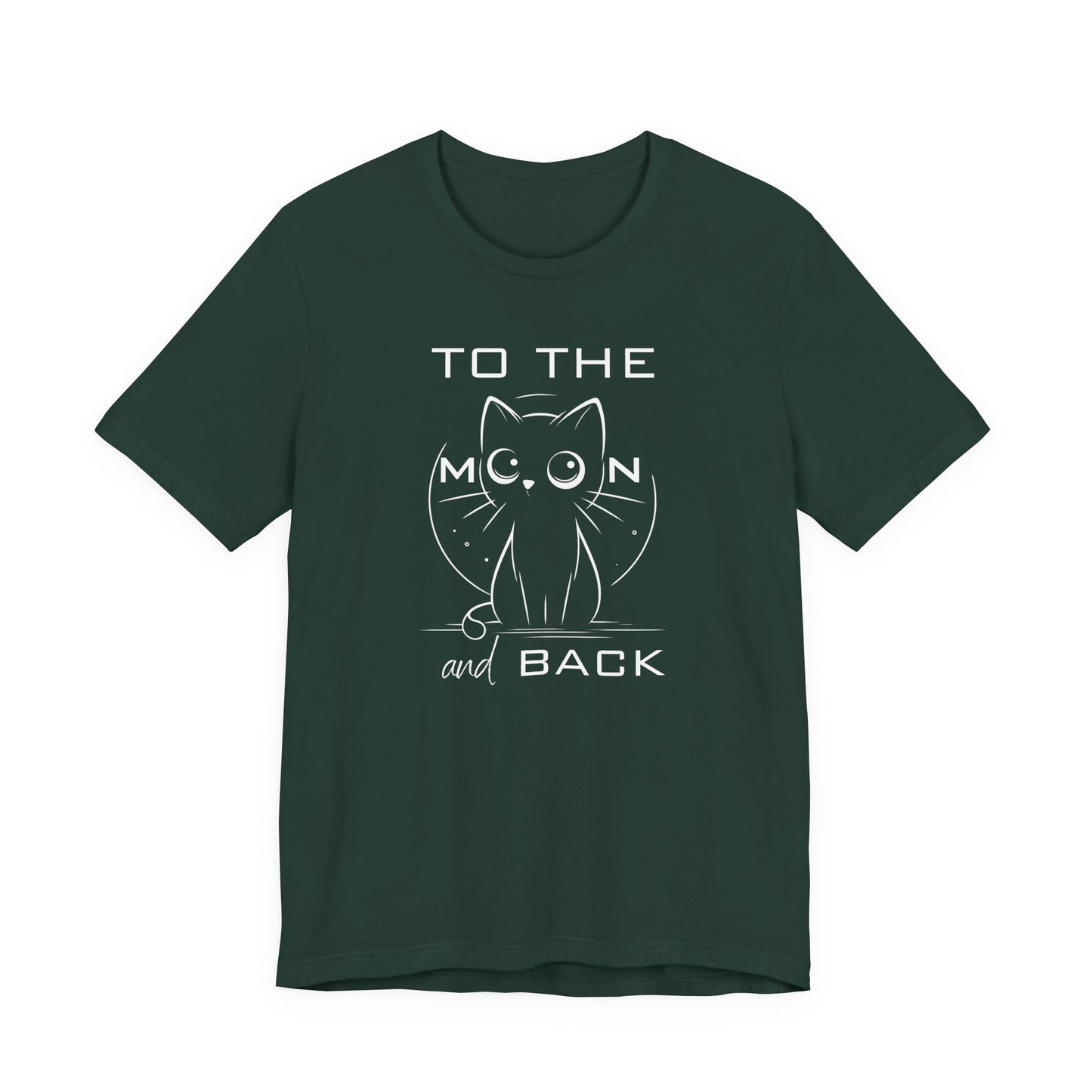 Cute cat t-shirt with big-eyed illustration and the phrase “To the Moon and Back” – soft unisex cotton tee for expressing love with style