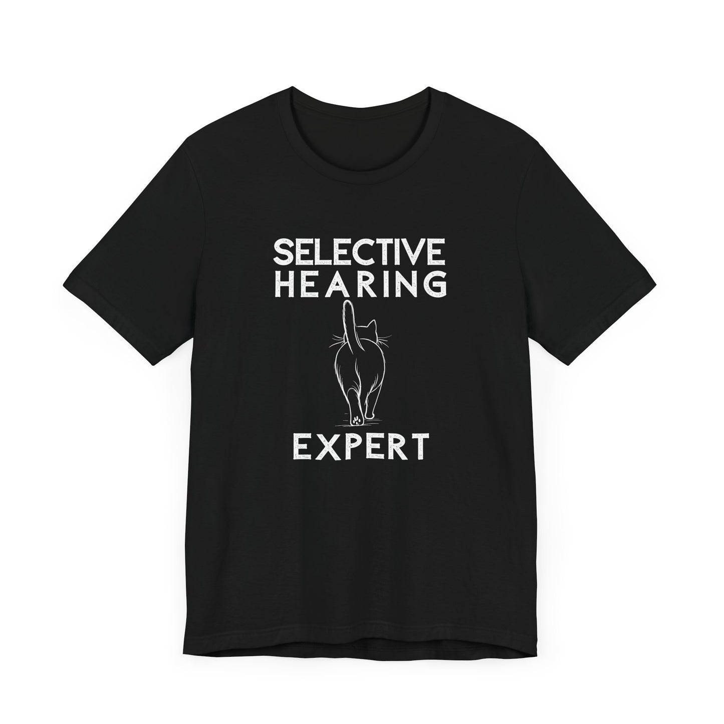 Funny cat t-shirt with “Selective Hearing Expert” text – Unisex tee for cat lovers and pet owners