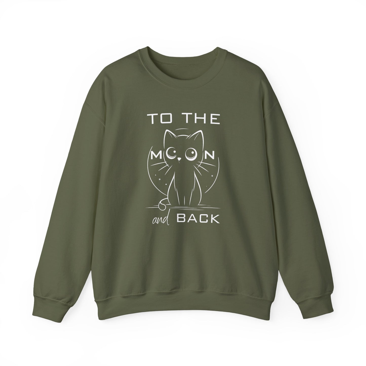 Unisex sweatshirt featuring a cute wide-eyed cat and the quote "To the Moon and Back" – cozy 50/50 cotton blend with vibrant DTG print