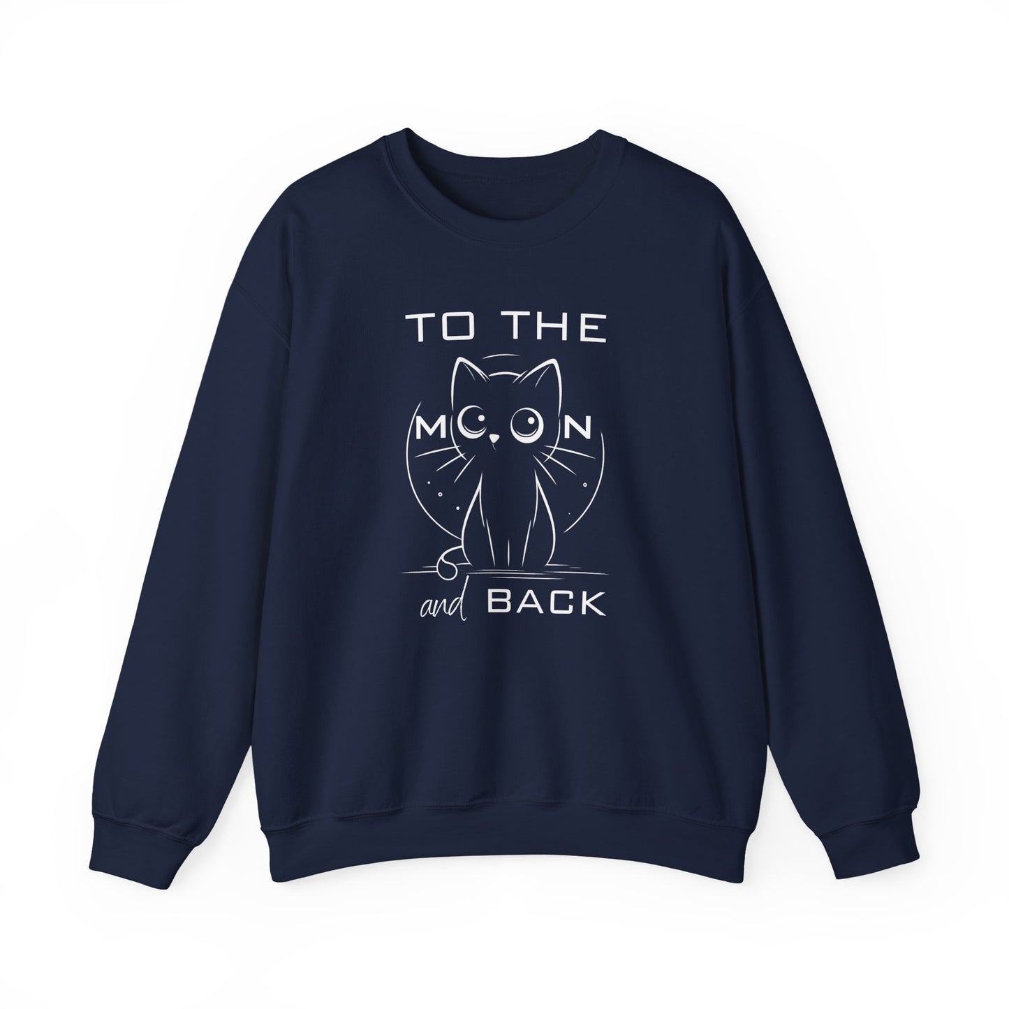 Unisex sweatshirt featuring a cute wide-eyed cat and the quote "To the Moon and Back" – cozy 50/50 cotton blend with vibrant DTG print