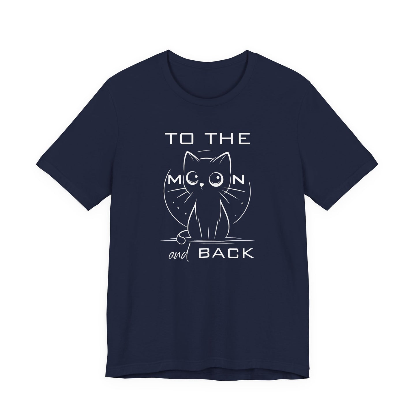 Cute cat t-shirt with big-eyed illustration and the phrase “To the Moon and Back” – soft unisex cotton tee for expressing love with style