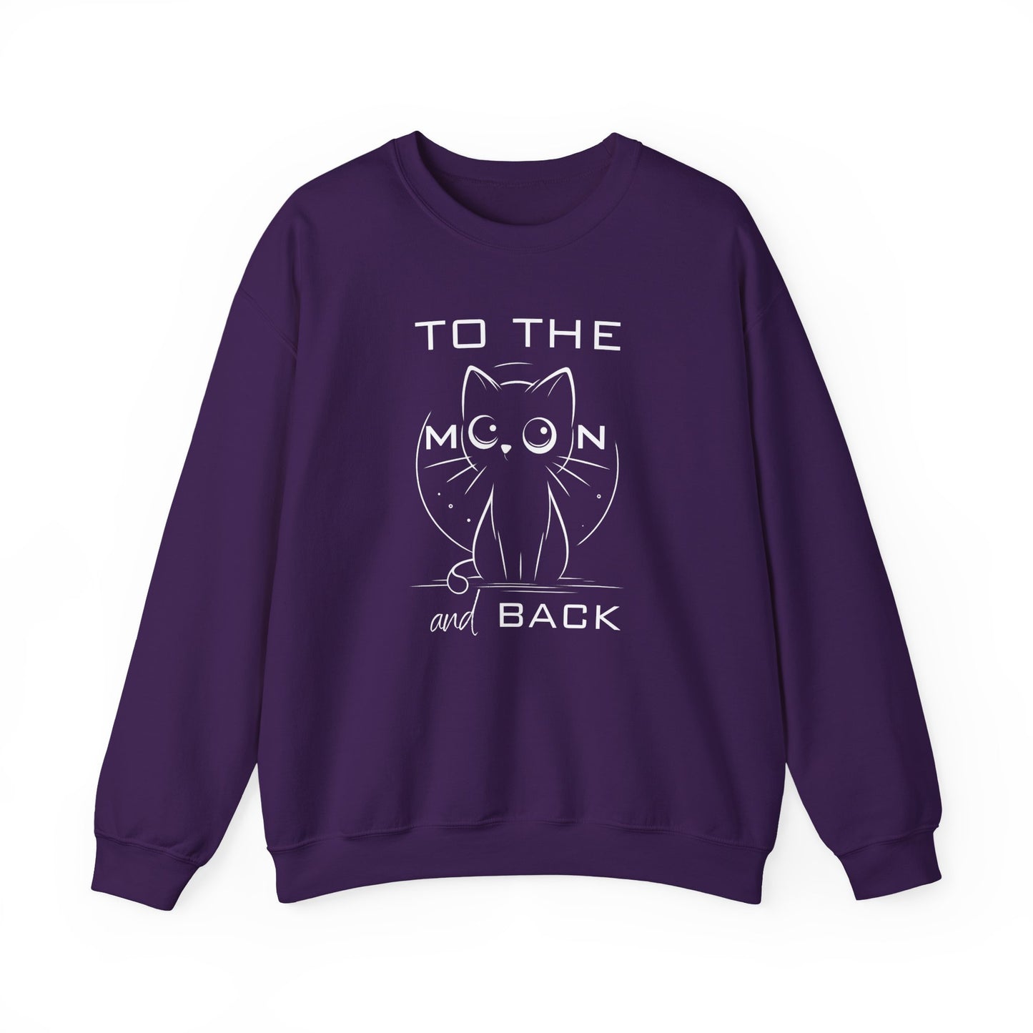 Unisex sweatshirt featuring a cute wide-eyed cat and the quote "To the Moon and Back" – cozy 50/50 cotton blend with vibrant DTG print
