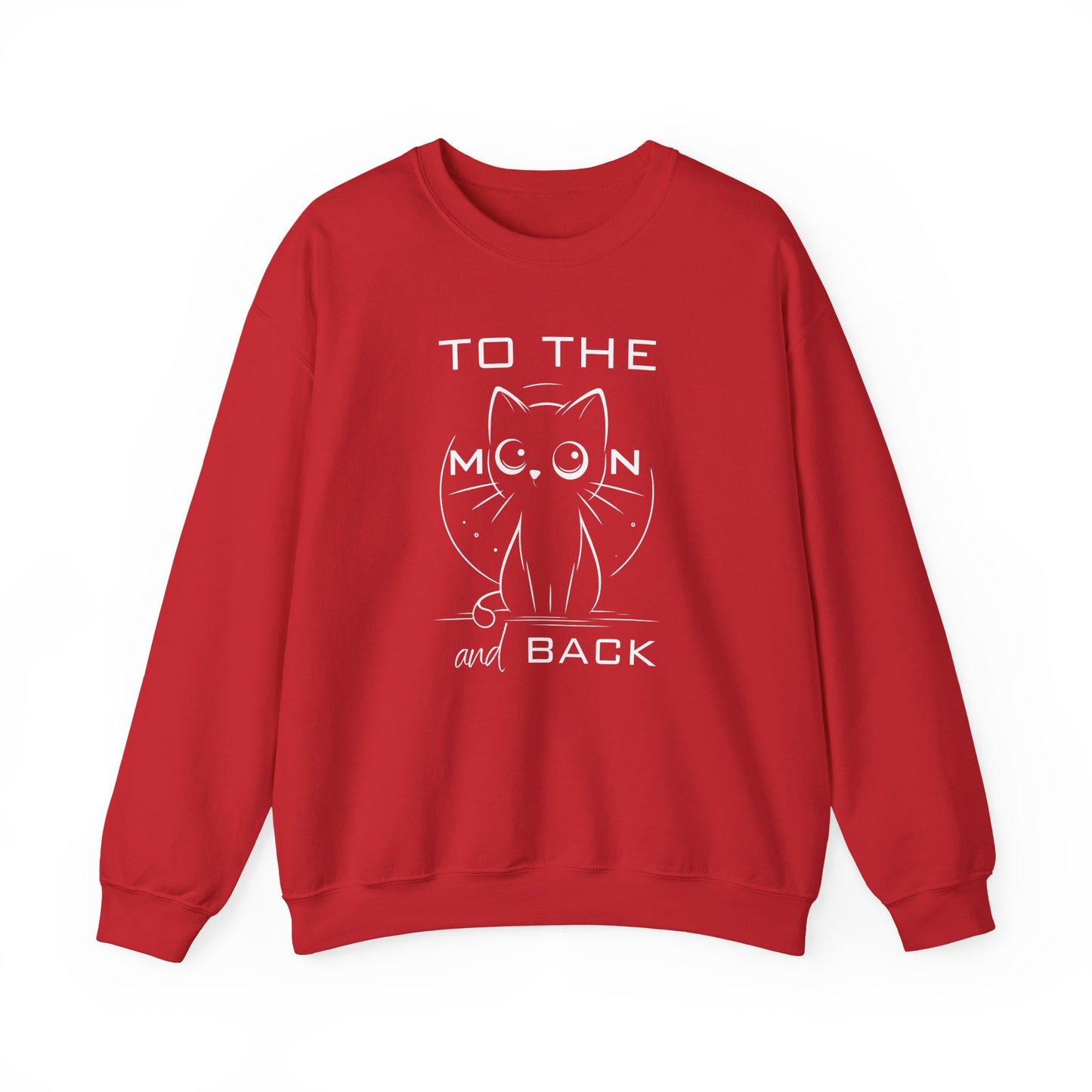 Unisex sweatshirt featuring a cute wide-eyed cat and the quote "To the Moon and Back" – cozy 50/50 cotton blend with vibrant DTG print