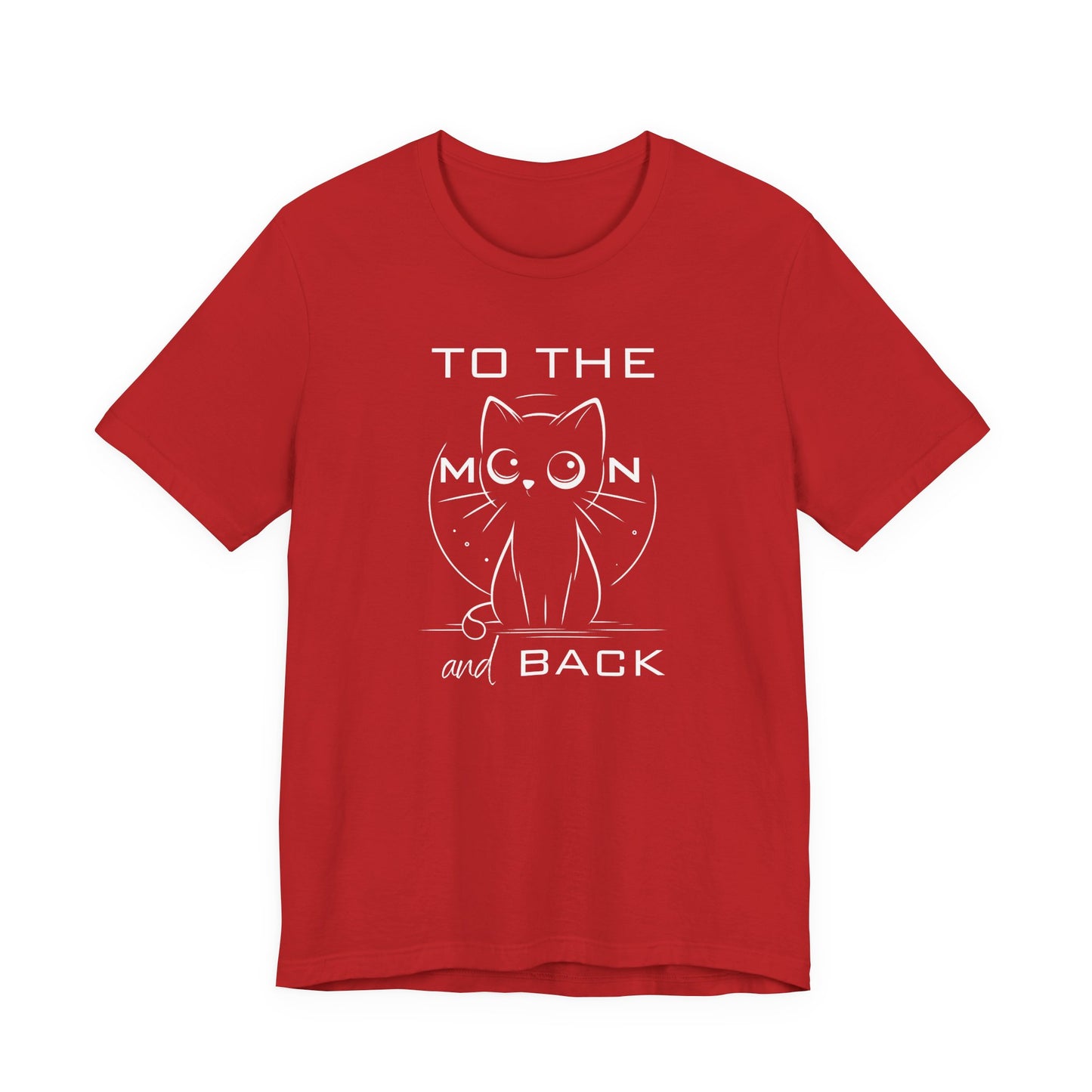 Cute cat t-shirt with big-eyed illustration and the phrase “To the Moon and Back” – soft unisex cotton tee for expressing love with style