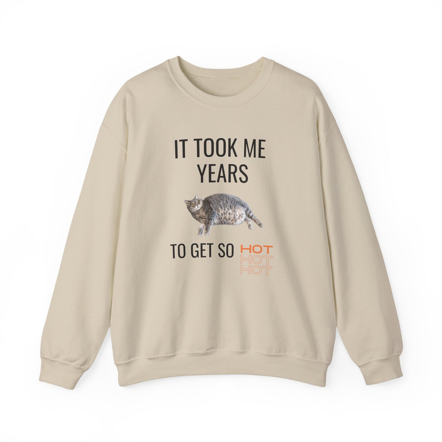 Unisex sweatshirt featuring a funny chubby cat and the quote "It Took Me Years to Get This Hot" – cozy and soft with durable DTG print