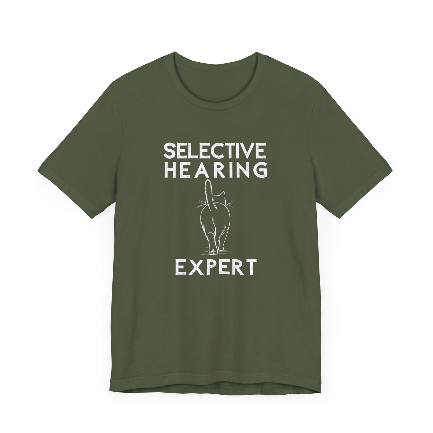 Funny cat t-shirt with “Selective Hearing Expert” text – Unisex tee for cat lovers and pet owners