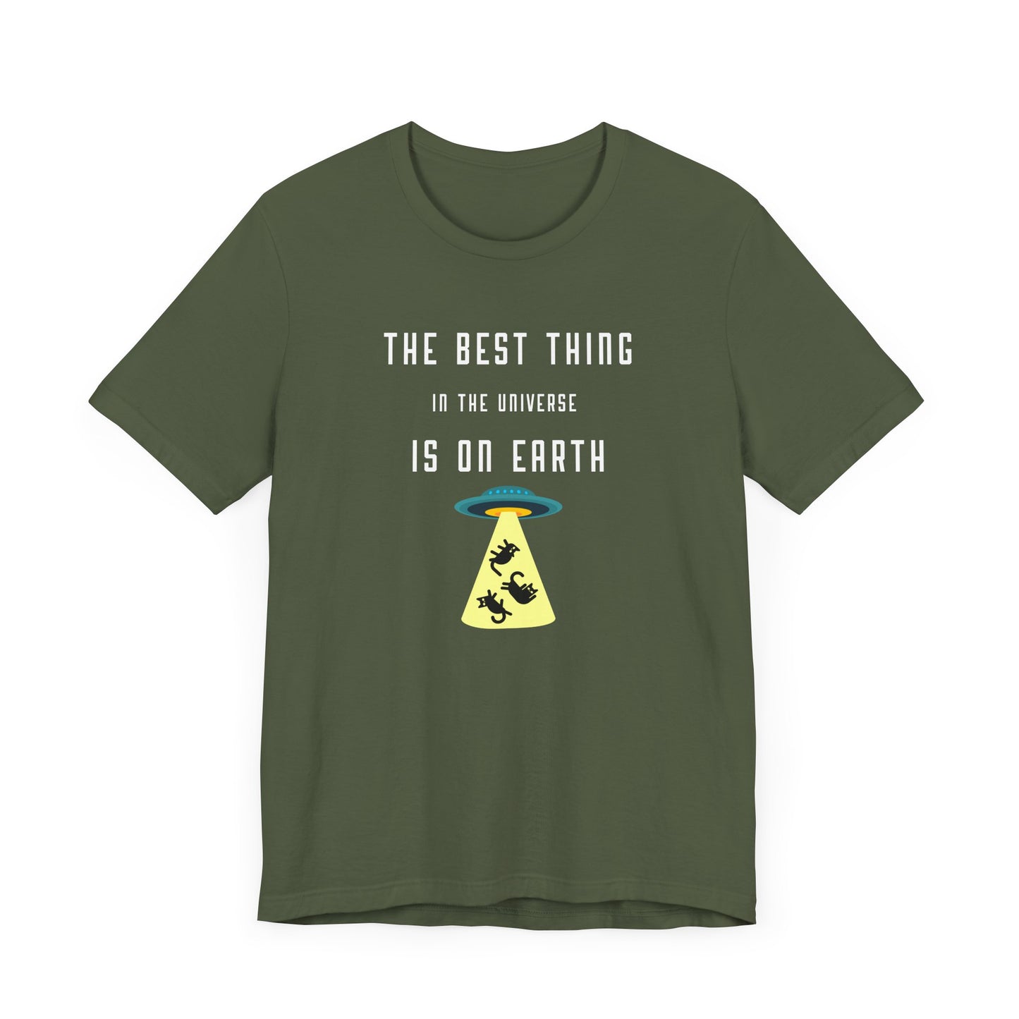 military green ufo alien cat funny t-shirt