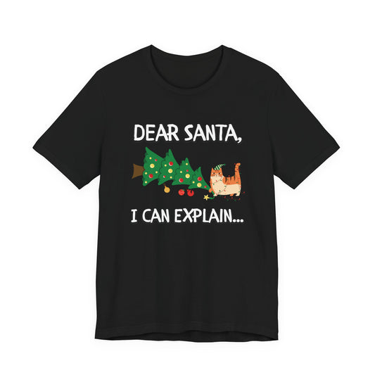 Unisex black t-shirt with “Dear Santa, I Can Explain” humorous Christmas design.