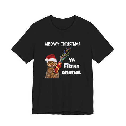 Black unisex t-shirt with “Meowy Christmas, You Filthy Animal” cat design inspired by Home Alone.