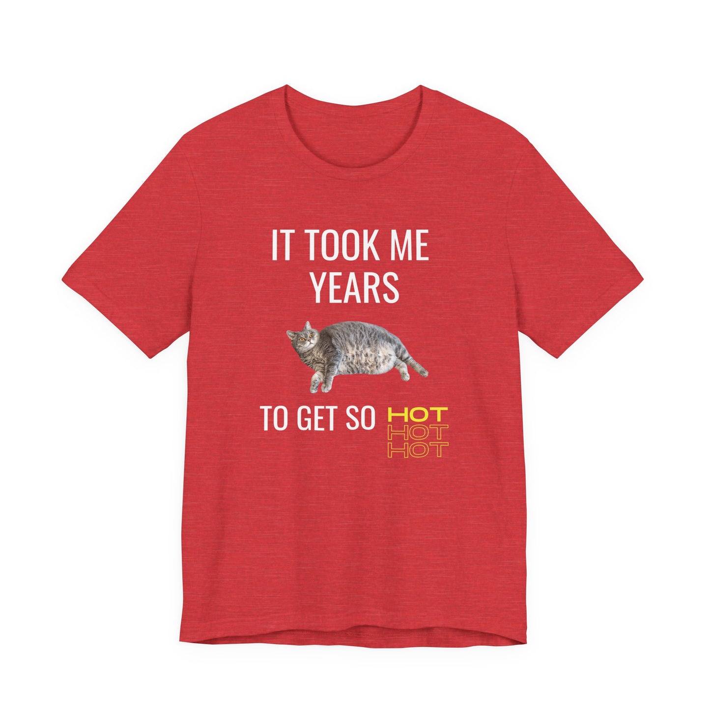 Funny unisex t-shirt with a chubby cat and the quote “It Took Me Years to Get This Hot” – soft cotton tee for cat lovers and snack champions