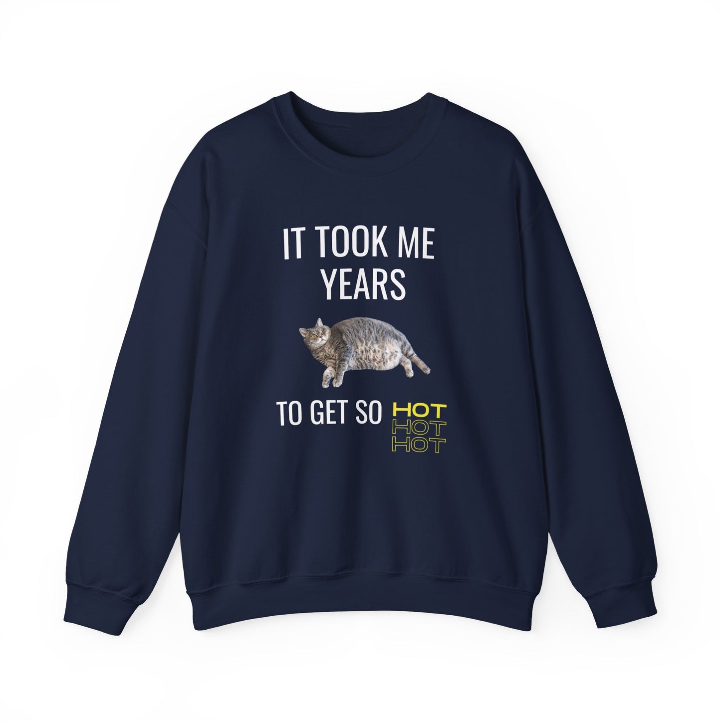 Unisex sweatshirt featuring a funny chubby cat and the quote "It Took Me Years to Get This Hot" – cozy and soft with durable DTG print
