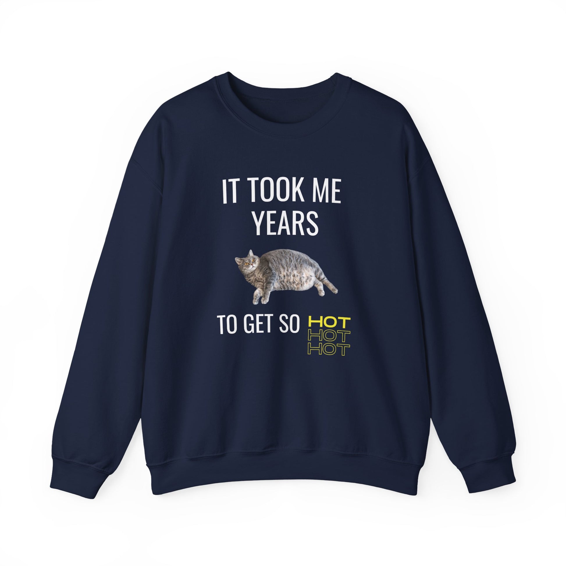 Unisex sweatshirt featuring a funny chubby cat and the quote "It Took Me Years to Get This Hot" – cozy and soft with durable DTG print