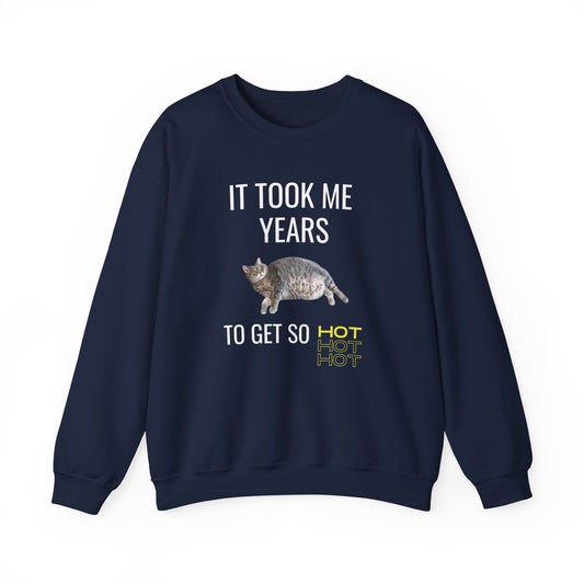 Unisex sweatshirt featuring a funny chubby cat and the quote "It Took Me Years to Get This Hot" – cozy and soft with durable DTG print