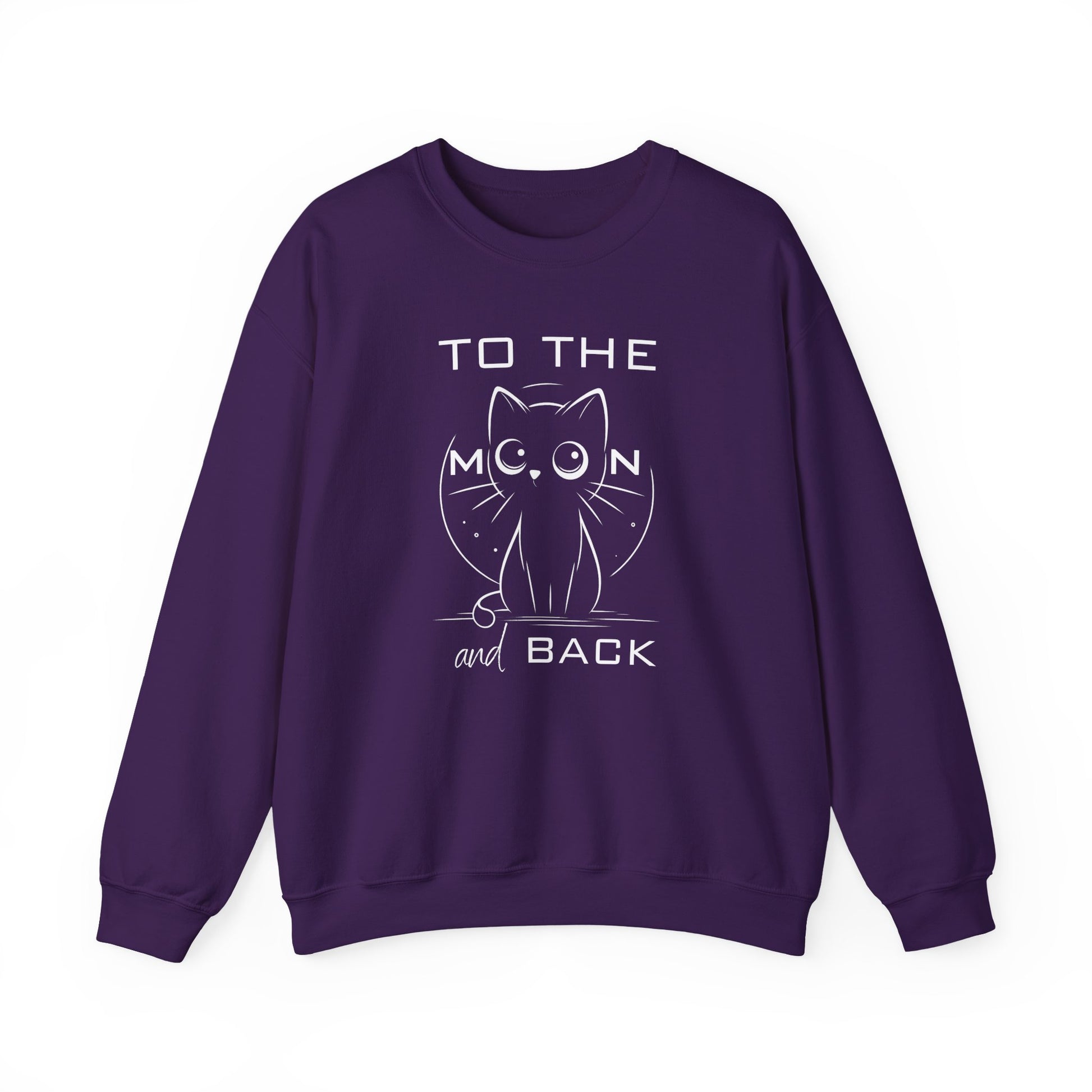 Unisex sweatshirt featuring a cute wide-eyed cat and the quote "To the Moon and Back" – cozy 50/50 cotton blend with vibrant DTG print

