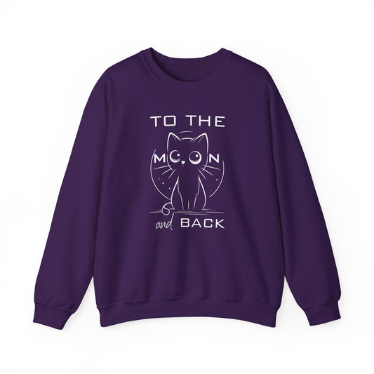 Unisex sweatshirt featuring a cute wide-eyed cat and the quote "To the Moon and Back" – cozy 50/50 cotton blend with vibrant DTG print

